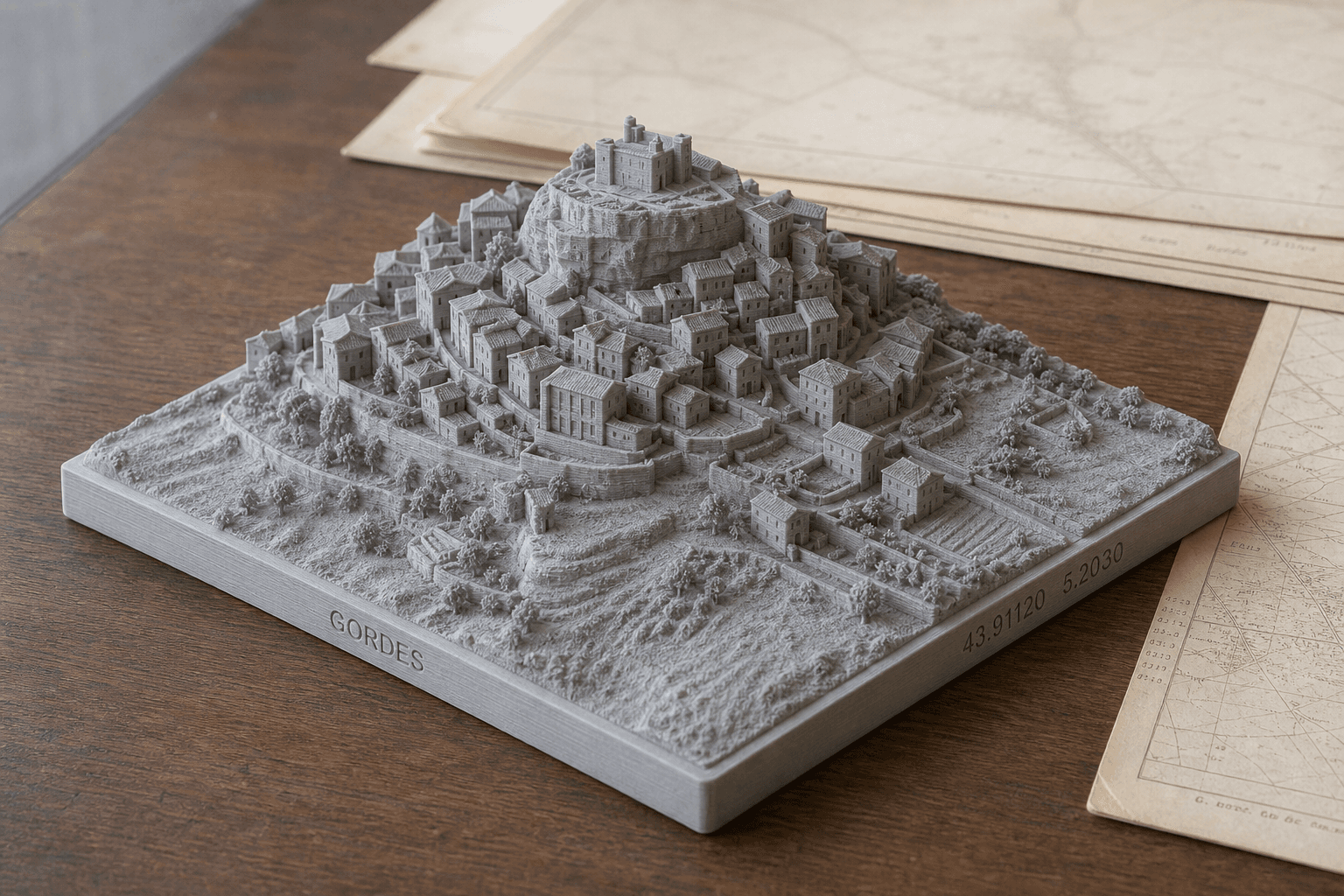 Maquette imprimée en PLA gris mat du village de Gordes, posée sur un bureau : le relief, les maisons à leurs hauteurs relevées et un socle gravé.