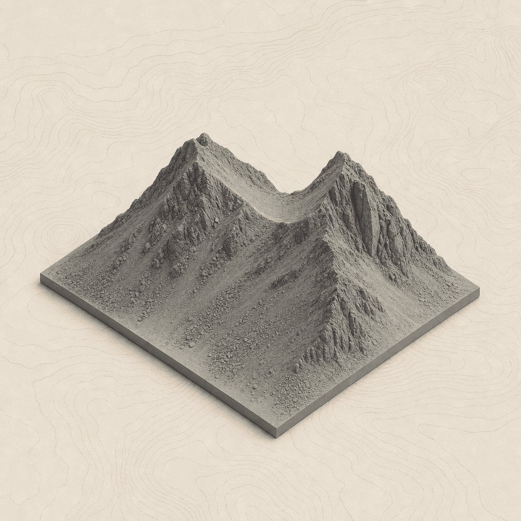 Rendu gris sur papier d'un col de montagne en volume, sur un socle carré, entouré de courbes de niveau fines.